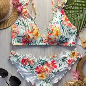 Coco Rave 🏝 Tropical Floral Tri Ruffle Bikini Top | Cinched Ruffle Bottoms ☀️⛱